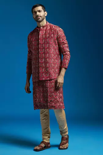 red chinon jacket,kurta and pyjama set.