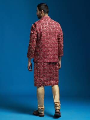 red chinon jacket,kurta and pyjama set. 3