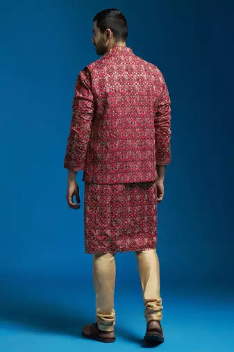 red chinon jacket,kurta and pyjama set.