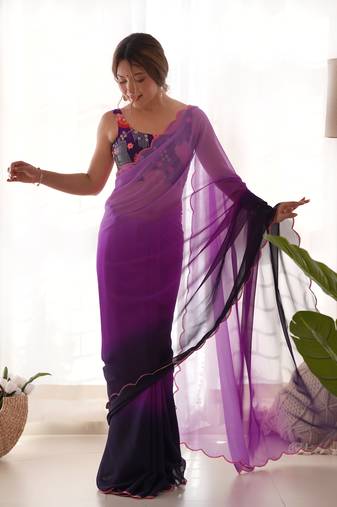 Women faux georgette pedding color, embroidery work purple color saree