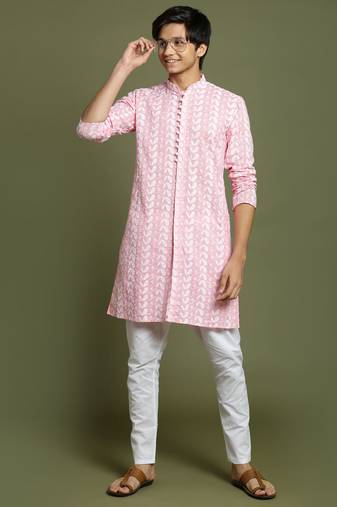 yuva boys' pink and white kurta pyjama set
