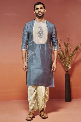 Vastramay men's gray silk blend kurta and dhoti set