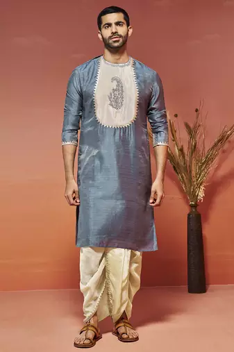 Vastramay men's gray silk blend kurta and dhoti set