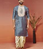 gray silk blend kurta and dhoti set