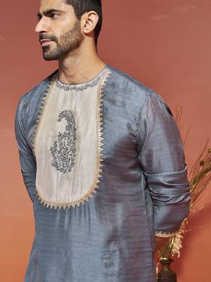 gray silk blend kurta and dhoti set 2