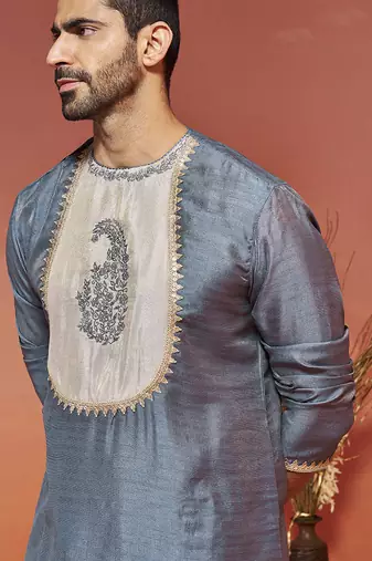 gray silk blend kurta and dhoti set