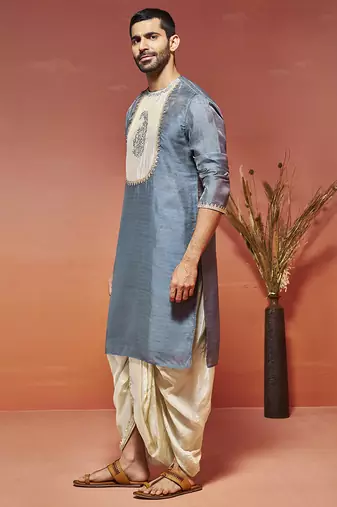 gray silk blend kurta and dhoti set