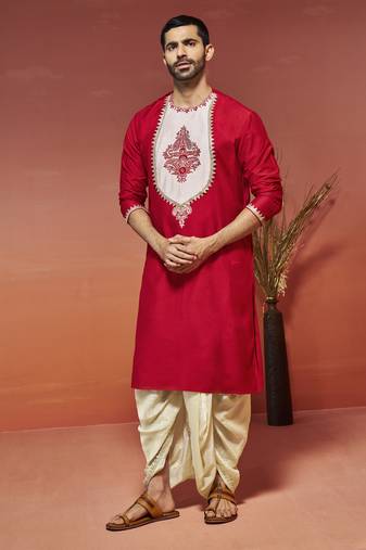 Vastramay men's red viscose kurta and dhoti set
