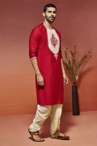 red viscose kurta and dhoti set