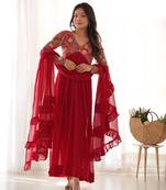Red Colour Pure Georgette Fabric Wedding Wear Fully Stitched Gown Set 