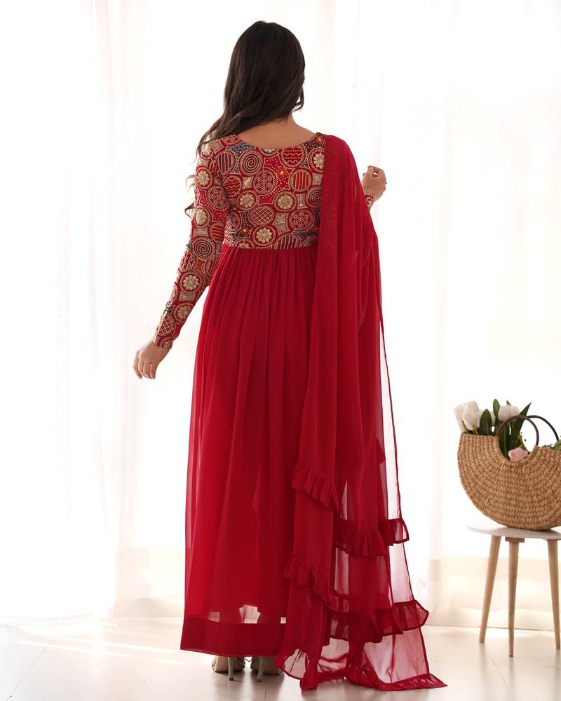 Red Colour Pure Georgette Fabric Wedding Wear Fully Stitched Gown Set 