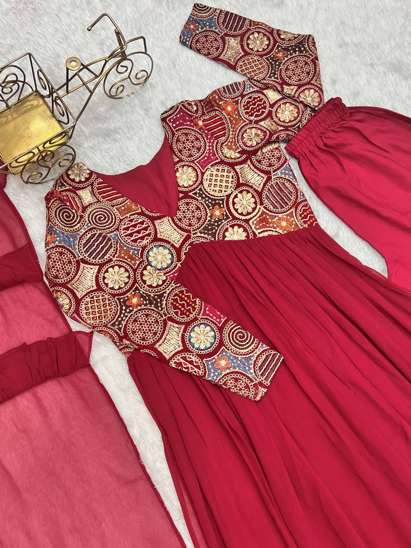 Red Colour Pure Georgette Fabric Wedding Wear Fully Stitched Gown Set 