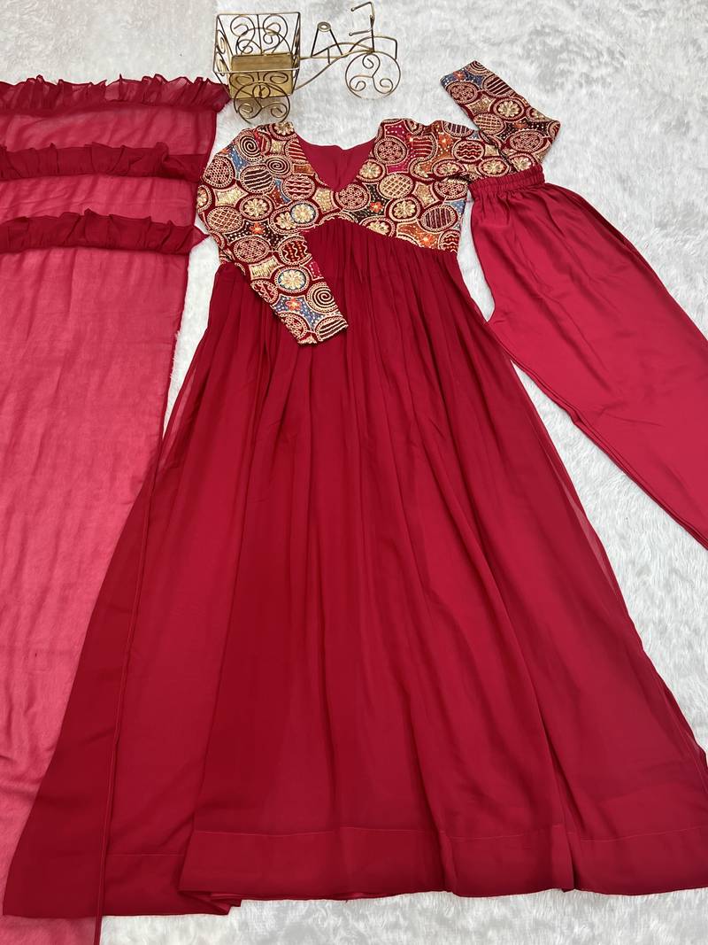 Red Colour Pure Georgette Fabric Wedding Wear Fully Stitched Gown Set 