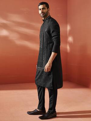  black silk blend kurta and pyjama set. 3