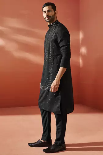  black silk blend kurta and pyjama set.