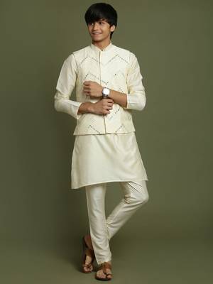  cream jacket, kurta and pyjama set 1