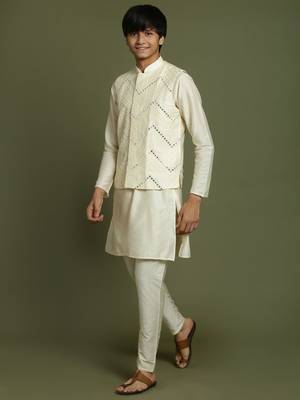  cream jacket, kurta and pyjama set 2