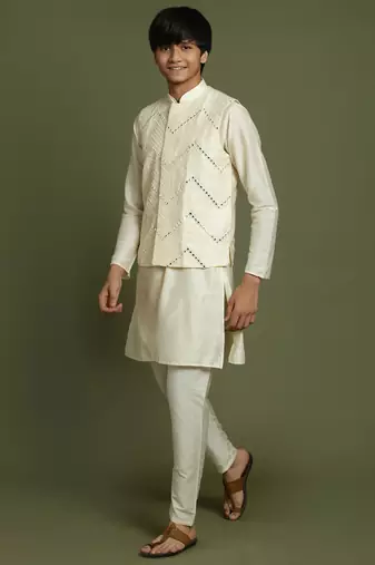  cream jacket, kurta and pyjama set