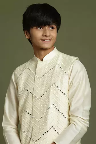  cream jacket, kurta and pyjama set