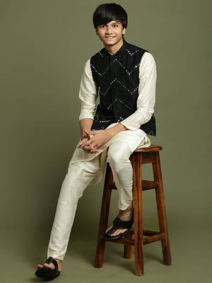  yuva boys' cream jacket, kurta and pyjama set 1