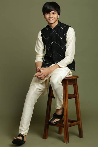  yuva boys' cream jacket, kurta and pyjama set