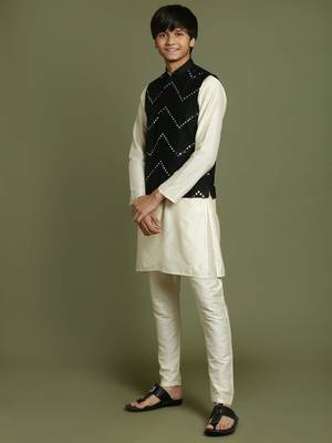  yuva boys' cream jacket, kurta and pyjama set 2