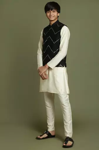  yuva boys' cream jacket, kurta and pyjama set
