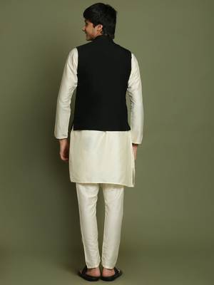  yuva boys' cream jacket, kurta and pyjama set 3