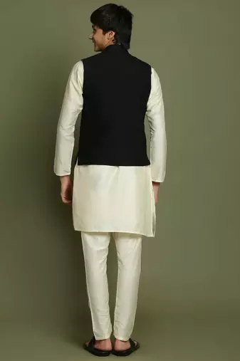  yuva boys' cream jacket, kurta and pyjama set