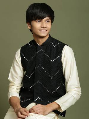  yuva boys' cream jacket, kurta and pyjama set 4