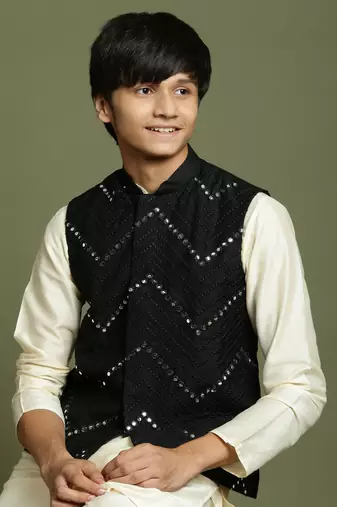  yuva boys' cream jacket, kurta and pyjama set