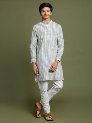 yuva boys' grey and white kurta pyjama set 1