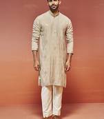 men's gray and cream silk blend kurta and pyjama set