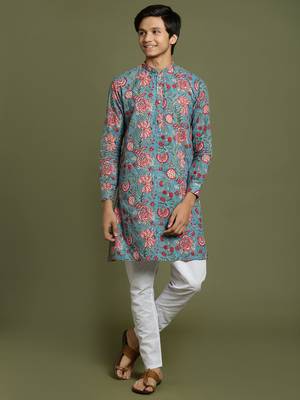  yuva boys' aqua and white kurta pyjama set 1