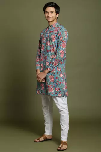  yuva boys' aqua and white kurta pyjama set