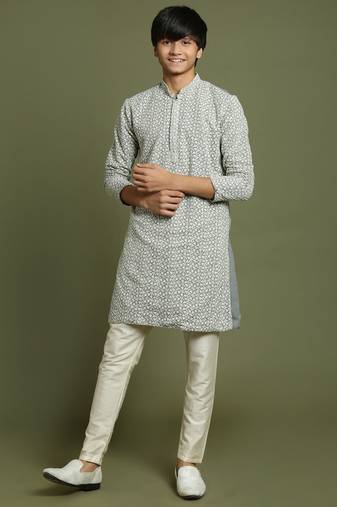  yuva boys' grey and cream kurta pyjama set