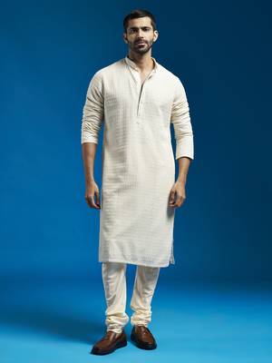 men's cream georgette kurta and pyjama set 1