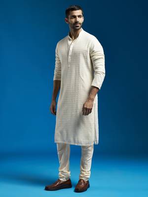 men's cream georgette kurta and pyjama set 3