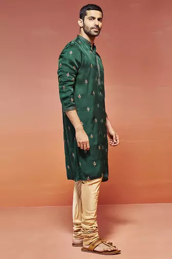  bottle green silk blend kurta and pyjama set