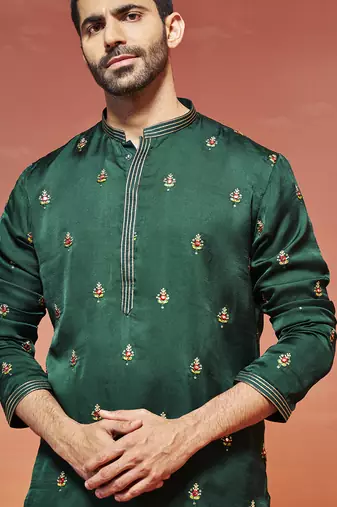  bottle green silk blend kurta and pyjama set