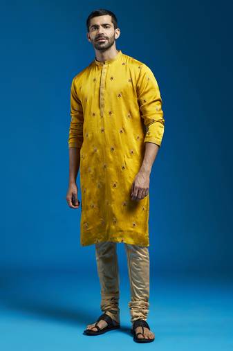 men's mustard silk blend kurta and pyjama set