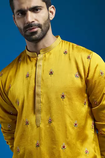  mustard silk blend kurta and pyjama set