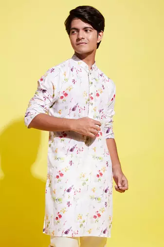  yuva boys' multicolor-base-cream cotton blend kurta