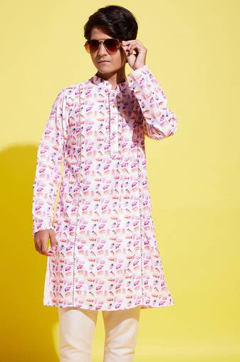 yuva boys' multicolor-base-white cotton blend kurta