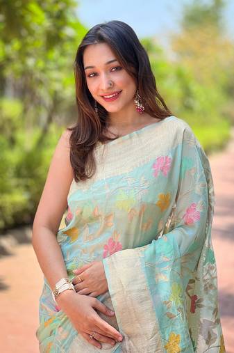 Women organza weaving meenakari jaal designer sky blue color saree