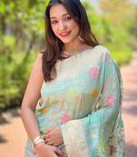 Women organza weaving meenakari jaal designer sky blue color saree