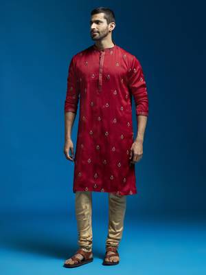  men's maroon silk blend kurta and pyjama set 1