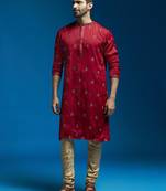 men's maroon silk blend kurta and pyjama set