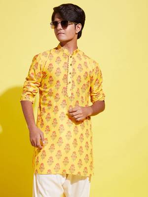 Vastramay yuva boys' multicolor-base-mustard and cream kurta 1