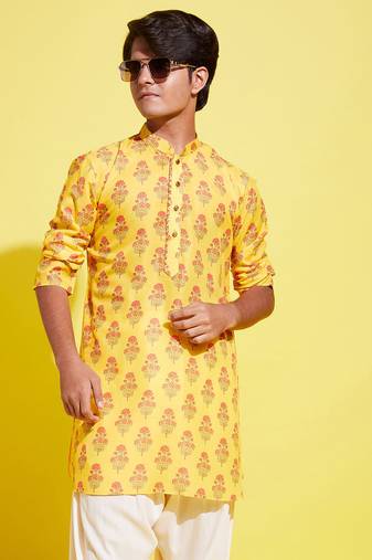 Vastramay yuva boys' multicolor-base-mustard and cream kurta
